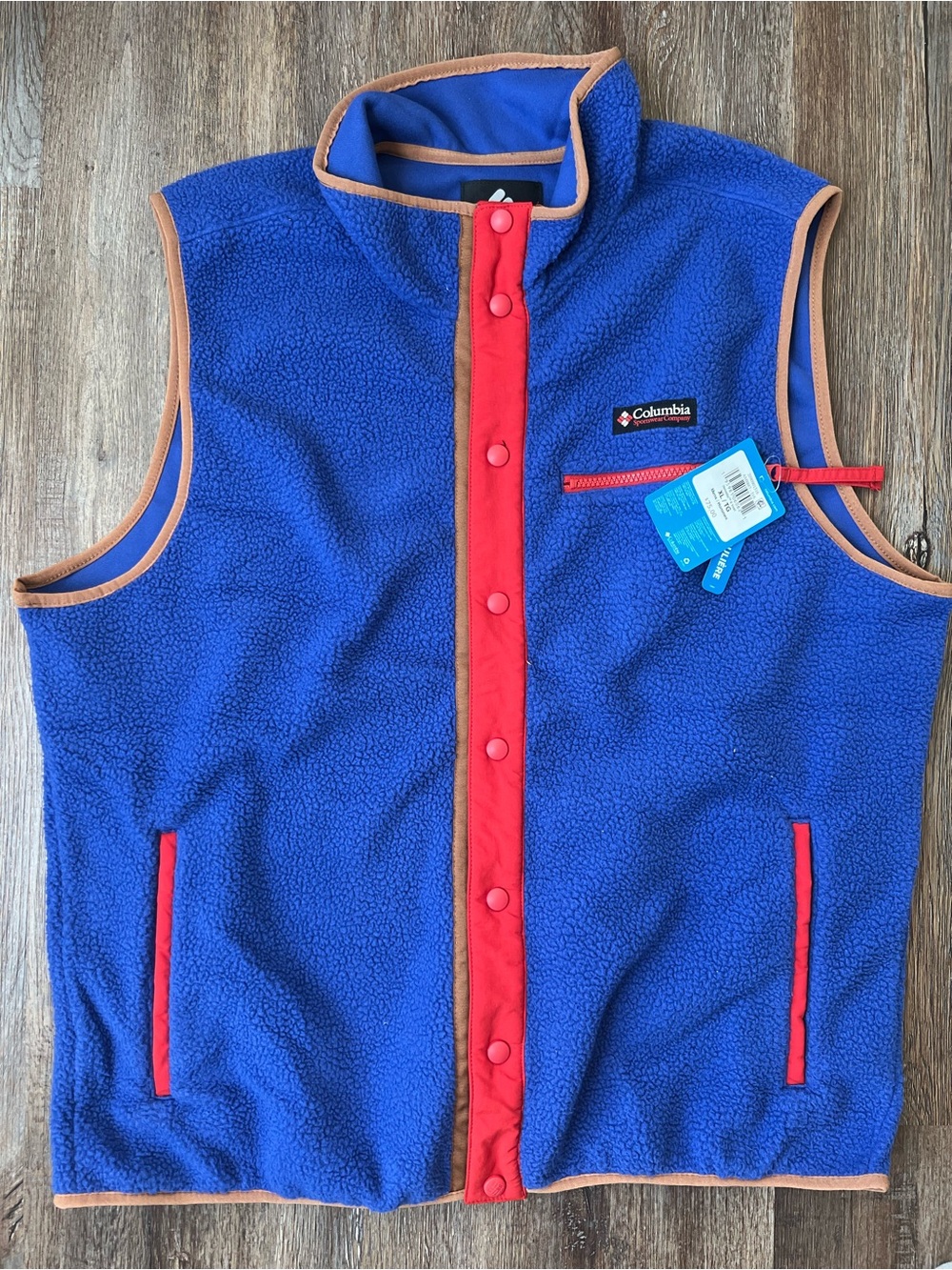 Columbia Helvetia II Fleece Vest Men’s XL Blue Red Snap Front NWT